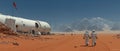 Futuristic mars base with astronauts walking on red desert, rocky mountains in background Royalty Free Stock Photo