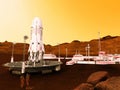 Futuristic Mars base camp with rocket launch platform