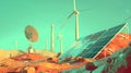 Futuristic mars colony with sustainable energy sources. wind turbines and solar panels on red planet landscape