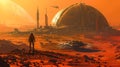Futuristic mars colony in warm tones: a lone astronaut, domes, and aircraft. science fiction landscape, a vision of