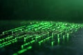 Futuristic Matrix Code Rain on Dark Surface with Neon Green Glow and Atmospheric Effects Royalty Free Stock Photo