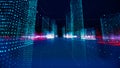 Futuristic matrix hologram city. Digital blueprint of buildings with particles