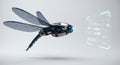 Futuristic mechanical dragonfly with transparent wings approaching a digital screen on a white background Royalty Free Stock Photo