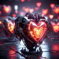 Many robohearts closeup. Futuristic 3d design. Valentine\'s day. Fantastic heart rhythm, light in heart. Love