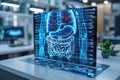 A futuristic medical display shows a 3D rendering of the digestive system