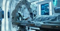 A futuristic medical facility with advanced robotic