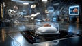 A futuristic medical facility showcases a brain under a glass dome, with neural data flowing in an advanced technological Royalty Free Stock Photo