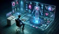 Futuristic medical holographic display shows human body analysis as a doctor interacts with advanced healthcare diagnostic system.