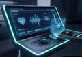 Futuristic medical interface featuring a digital touchscreen display with holographic elements. The Royalty Free Stock Photo