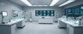Futuristic medical lab with glowing test tubes, digital screens, and robotic arms analyzing biological samples