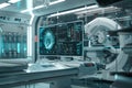 A futuristic medical laboratory with advanced AI-powered diagnostic tools, featuring a large screen displaying patient