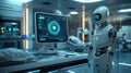 Futuristic medical robot analyzing data on a high-tech screen