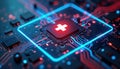 Futuristic medical tech interface displays on high-tech circuitry. Modern healthcare innovation. Advanced tech system. Biometric