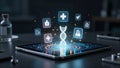 Futuristic Medical Visualization Presenting Holographic DNA Structures Alongside Health Statistics And Diagnostic Icons Royalty Free Stock Photo