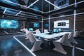 futuristic meeting room, with holographic displays and floating screens