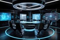 futuristic meeting room, with holographic displays and floating screens