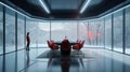 A futuristic meeting room with a long table an a couple of seats,