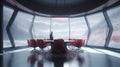 A futuristic meeting room with a long table an a couple of seats,