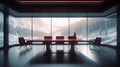 A futuristic meeting room with a long table an a couple of seats,
