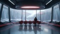 A futuristic meeting room with a long table an a couple of seats,