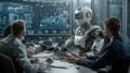 Futuristic meeting scene with humanoid robot collaborating with two men in modern office analyzing data charts on large display