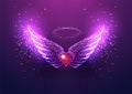 Futuristic memorial angel wings and red heart concept in glowing style isolated on purple