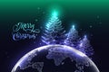 Futuristic Merry Christmas world greeting card with spruce trees and planet Earth map from space Royalty Free Stock Photo
