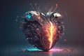 Futuristic metal human heart with a stream of fire inside