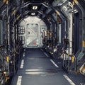 Futuristic metal Sci-Fi Corridor tunnel or ship interior . 3d rendering illustration .