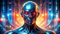 A futuristic metallic android with glowing red eyes stands before a vibrant, abstract background of illuminated circuitry. Royalty Free Stock Photo