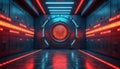 Futuristic metallic corridor with glowing red and blue lights. A circular digital interface with abstract patterns dominates the Royalty Free Stock Photo