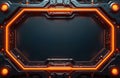 Futuristic metallic frame with glowing orange circuit patterns. Central dark area allows for text or image placement. High tech Royalty Free Stock Photo