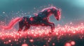 Futuristic metallic horse gallops through glowing red field