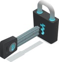 Futuristic metallic key with electric circuits and bitcoin logo unlocking cryptocurrency padlock, ensuring secure