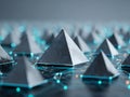 Futuristic metallic pyramids interconnected by glowing blue network lines symbolizing advanced technology and digital Royalty Free Stock Photo