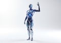 A sleek metallic humanoid robot with a blue glow waving hello isolated on white background Royalty Free Stock Photo