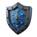 Futuristic metallic shield with glowing blue energy core and studded border Royalty Free Stock Photo