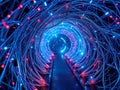Futuristic Metallic Wire Tunnel: Neon-Lit Cyber Structure