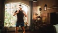 Futuristic Metaverse Home Gym: Strong Athletic Black Man Exercising While Wearing Virtual Reality Royalty Free Stock Photo