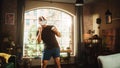 Futuristic Metaverse Home Gym: Strong Athletic Black Man Exercising While Wearing Virtual Reality Royalty Free Stock Photo