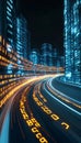 Futuristic Metropolis Data Highway with Blue Digital Streets and Blurred Connectivity Elements Royalty Free Stock Photo
