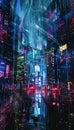 Futuristic metropolis with neon lights and digital code creating a cybernetic abstract landscape Royalty Free Stock Photo