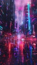 Futuristic metropolis with neon lights and digital code creating a cybernetic abstract landscape Royalty Free Stock Photo
