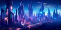 A futuristic metropolis with neon lights, holographic , and advanced technology.