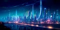 A futuristic metropolis with neon lights, holographic , and advanced technology.