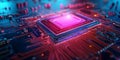 Futuristic Microchip Central Processing Unit with Red Neon Paths Flowing from the Glowing Core Royalty Free Stock Photo