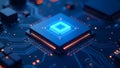 A Futuristic Microchip on a Circuit Board emits a Vibrant Blue Glow, representing modern tech