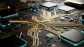 Futuristic Microchip Circuit Board with Gold and Teal Data Lines, Advanced AI Processor and High-Tech Digital Network Background Royalty Free Stock Photo
