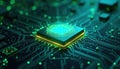 Futuristic microchip on circuit board. Next-generation computing tech for AI, data processing. Modern hardware electronic Royalty Free Stock Photo