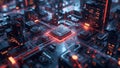 Futuristic Microchip Cityscape with Glowing Circuits and Data Flow Royalty Free Stock Photo